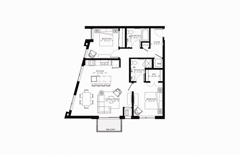 Floor plan for 2 beds, 2 baths, 1086 sqft